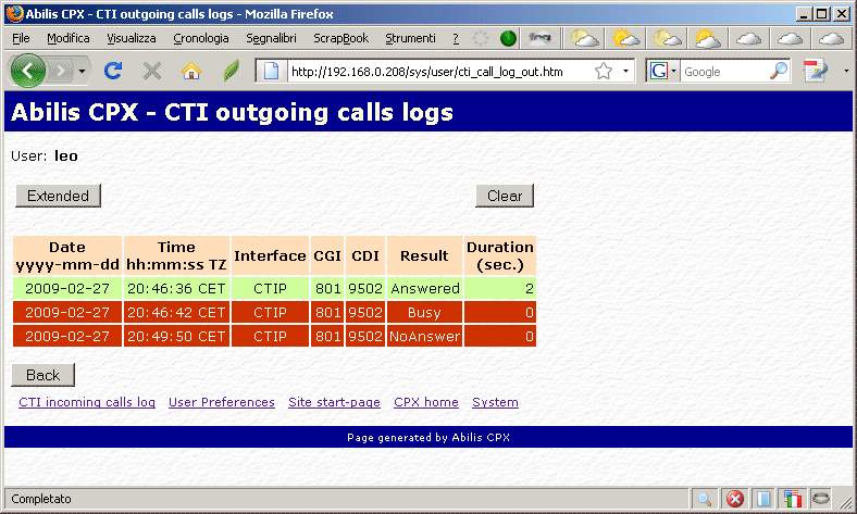 Outgoing call log